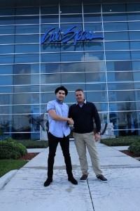 Field trip: British Olympian Louis Smith (left) and Andy Hutchinson, owner of Posh Spas Leisure, visit the Cal Spas headquarters in California. (Photo: Cal Spas)