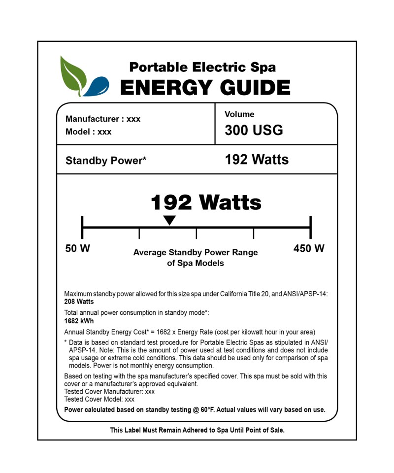 The 411 on labels: This sample label depicts the information that 
manufacturers will need to provide for their spas. The labels will 
indicate how an individual spa’s energy efficiency rate compares with 
all other spas. In the example shown, 192 watts falls in a range of 
power ratings.